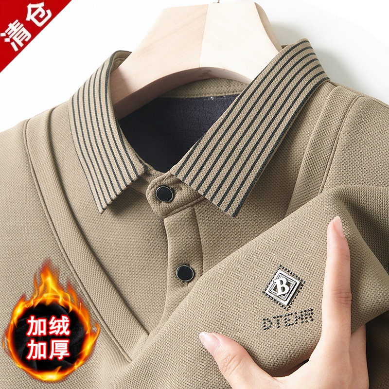冬季新款假两件加绒男士打底休闲时尚翻领POLO衫加厚保暖爸爸上衣