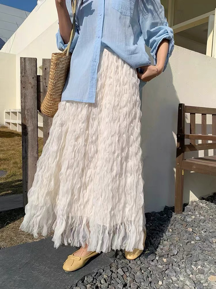 波浪百褶网纱半身裙女2025新款百搭显瘦垂感长裙气质a字大摆纱裙