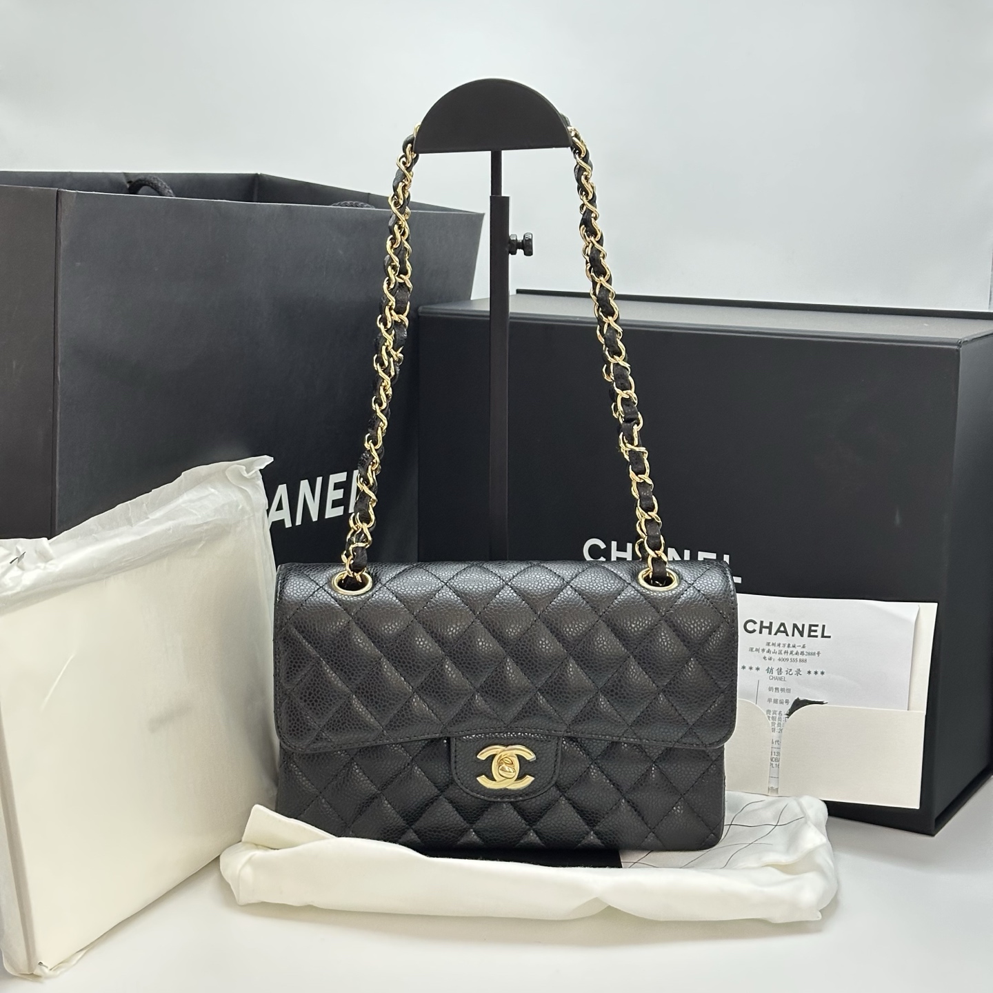 99新 Chanel/香奈儿 黑金CF荔枝牛皮小号单肩斜挎包 73107
