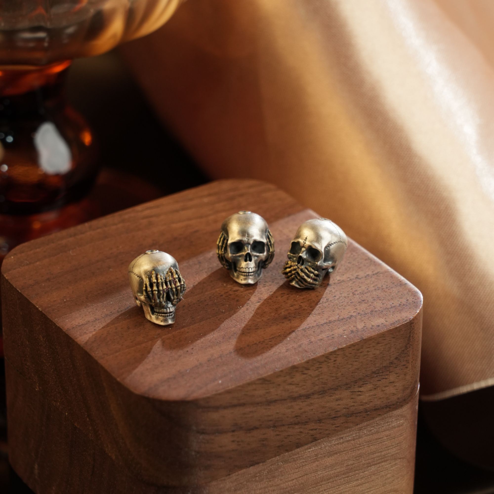 925银银制品 制道珠宝悟骷髅不听不看不说配饰文玩手串DIY