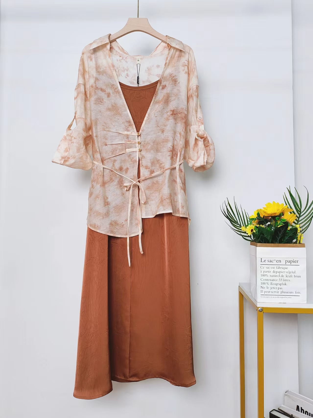 优雅飘逸度假风晕染轻薄开衫吊带裙套装2025春夏新款两件套装T301