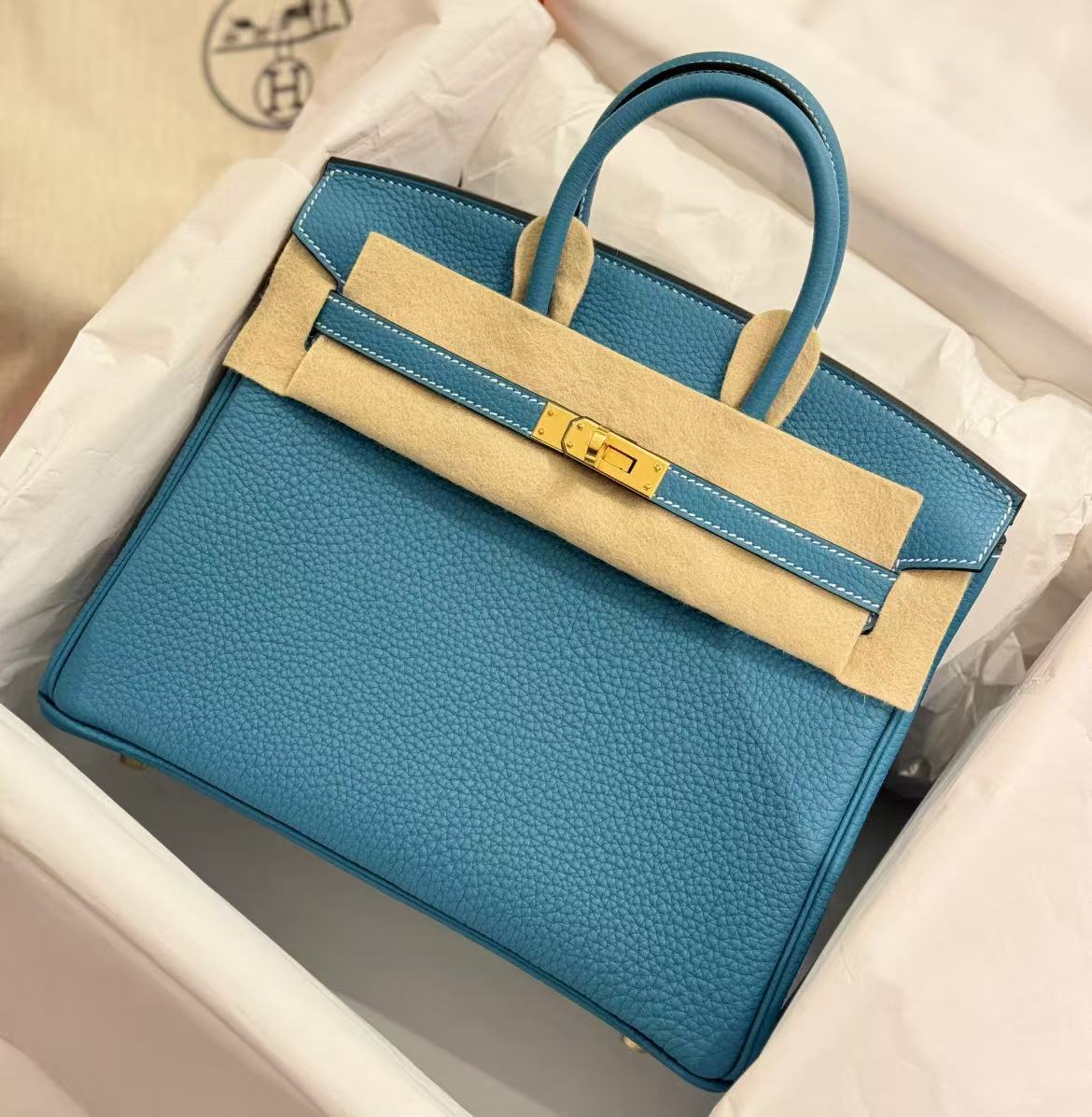 未使用 Hermes/爱马仕 birkin25 牛仔蓝 金扣 togo W刻