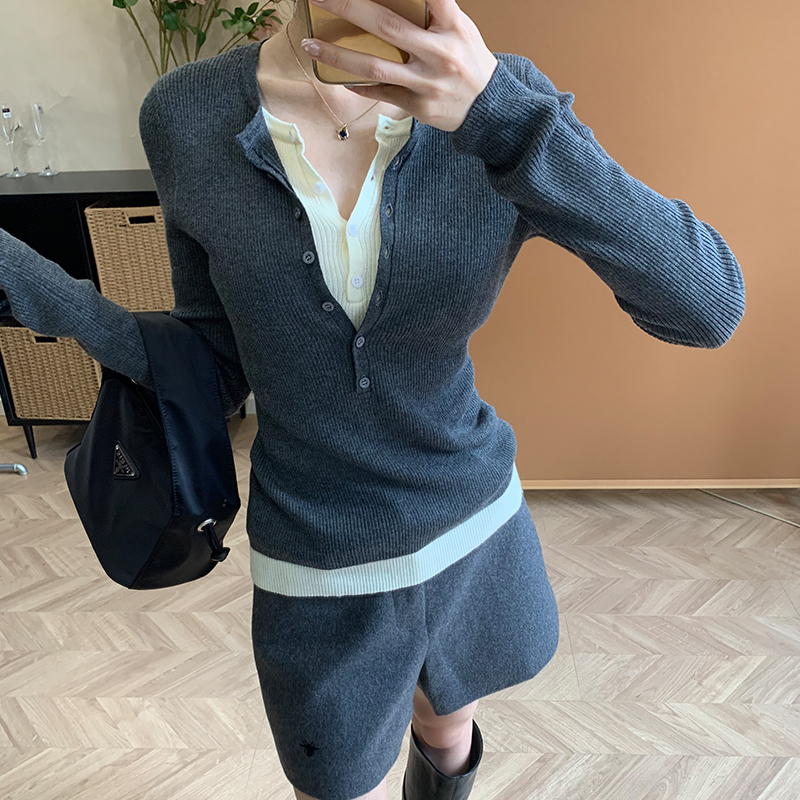 【南油溪溪】灰色假两件针织衫秋冬百搭长袖羊毛撞色开衫毛衣801018