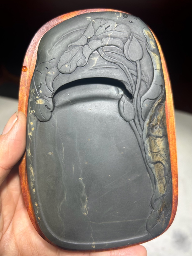 14×9×1.5cm高档歙砚老坑金星金晕质地细腻温润小楷荷花绘画砚台