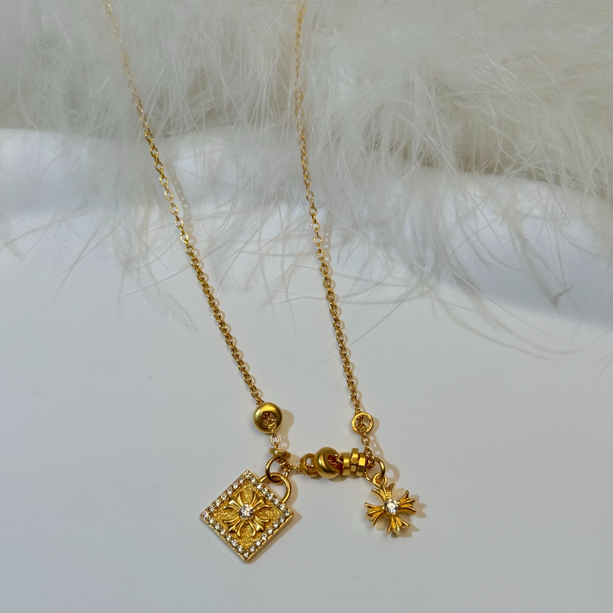 吊坠足银 足银镀金【方锁双吊坠项链】