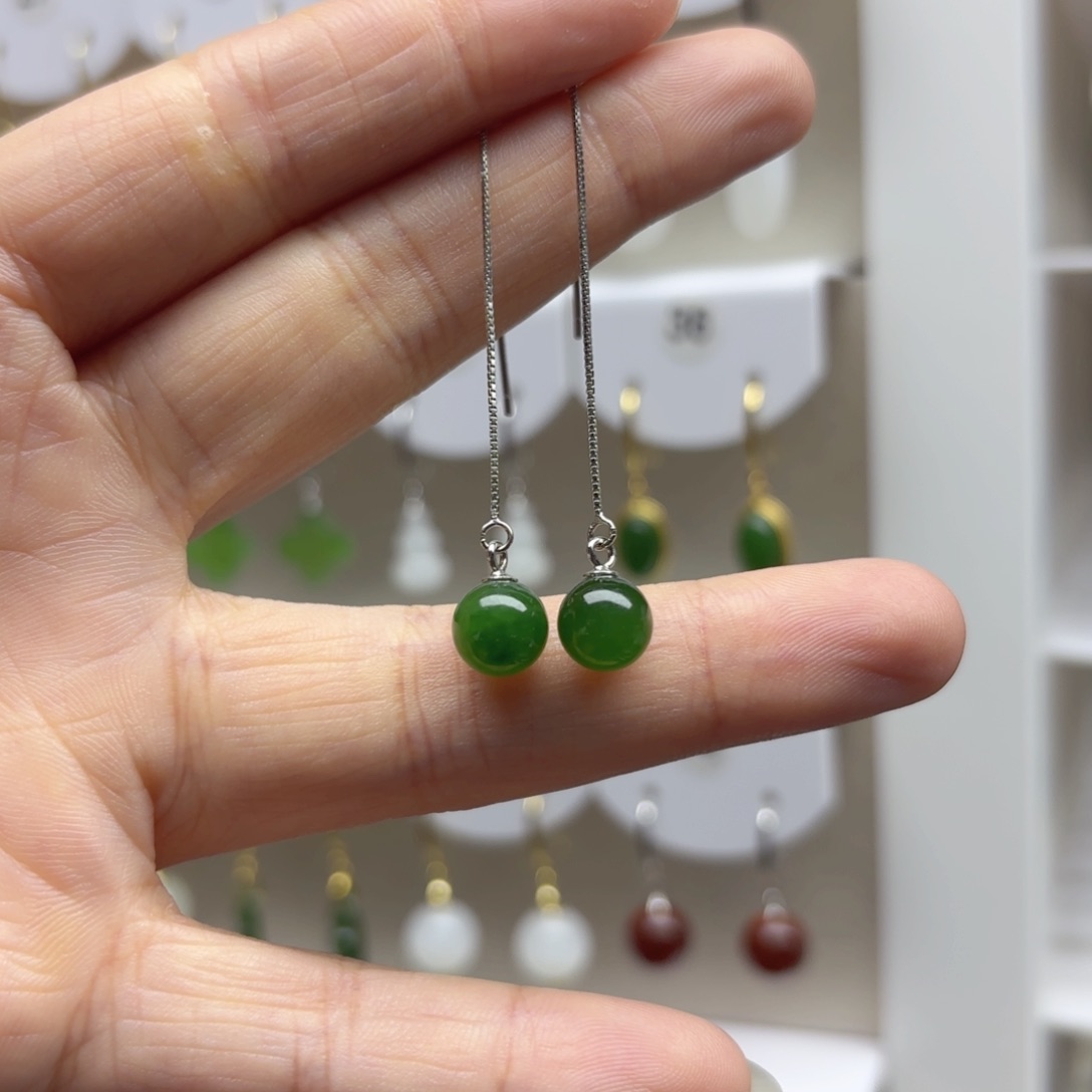 和田玉银S925镶嵌耳饰放漏