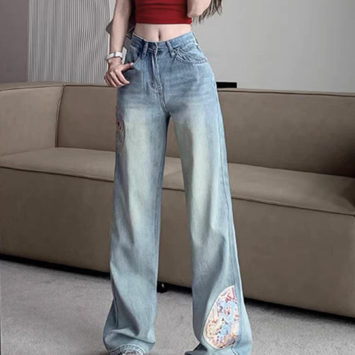 弹力直筒牛仔裤女设计感裤子国风刺绣显瘦阔腿裤202453831-元宝