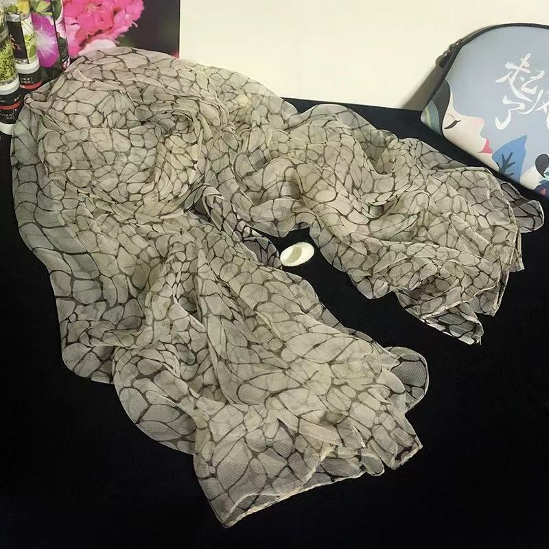 <米色波浪纹>花卉丝巾围巾防晒丝巾薄款丝巾头巾简约大方百搭时尚