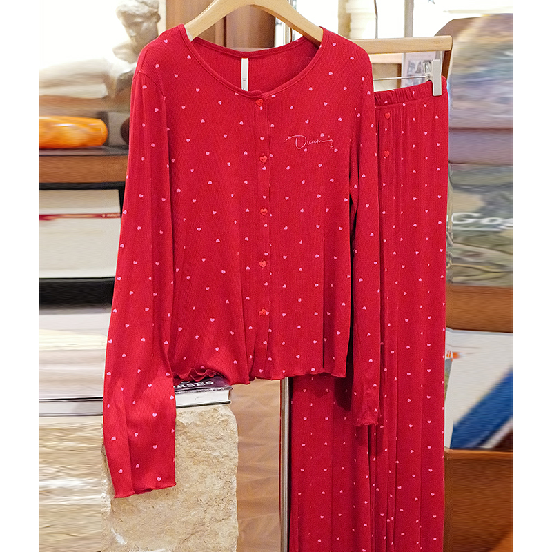 米诗缇【带字母满身爱心红色】小众设计师可外穿长袖长裤睡衣家居服