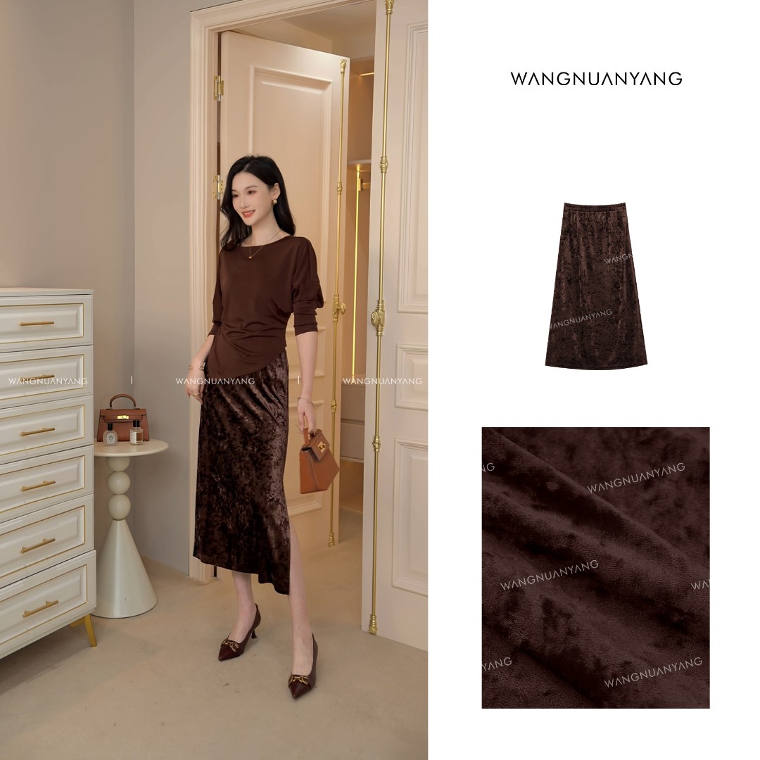 【王暖阳】琥珀丝绒裙|秋季琥珀流光系复古碎金丝绒直筒半裙