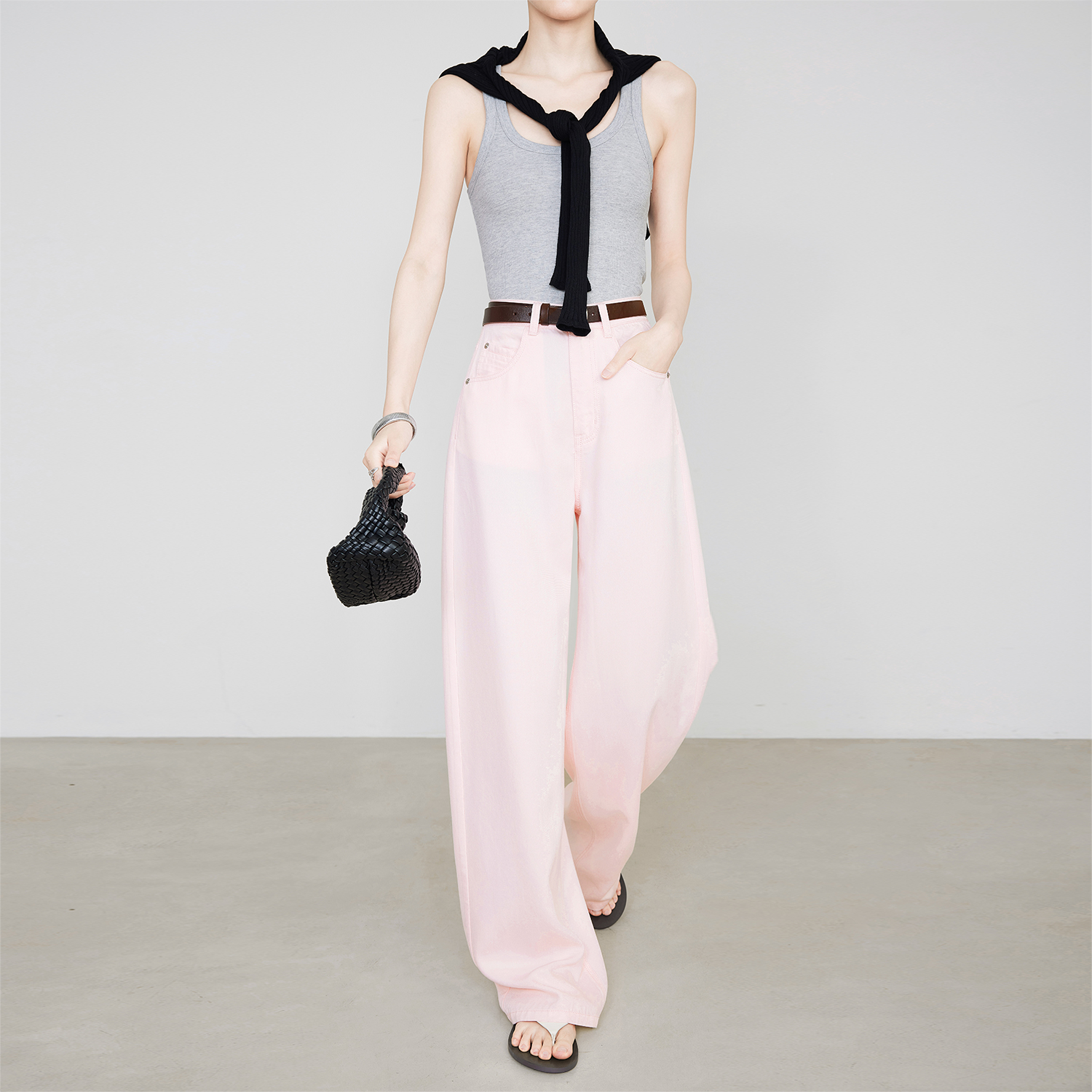 【周日专场】夏季仙女粉色垂顺宽松显瘦百搭阔弧形牛仔裤N9686