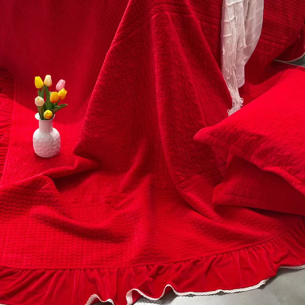 保暖冬季防静电床品牛奶德芙婴儿美肤绒床盖三件套枕头婚庆大红色