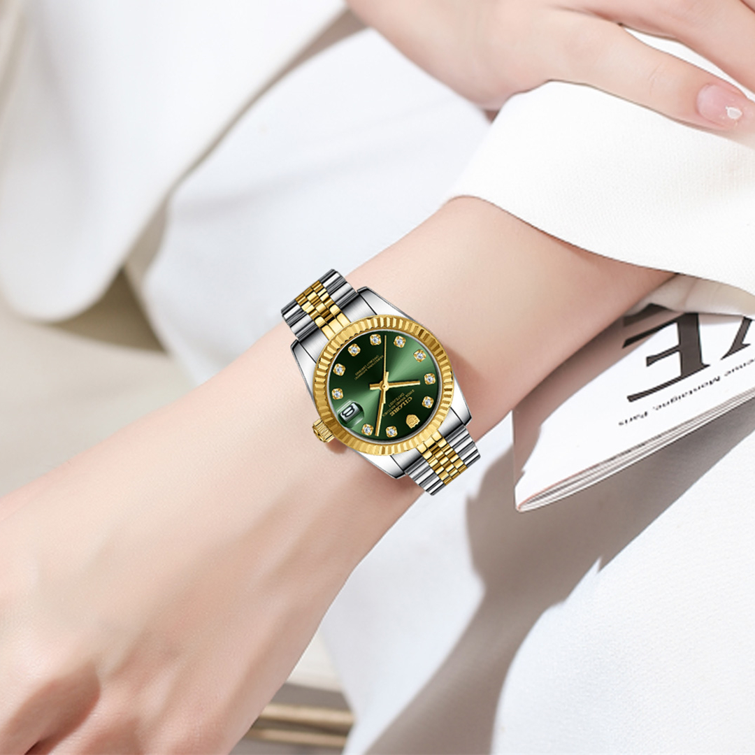 新款女士全自动机械腕表镶钻女表绿色盘
