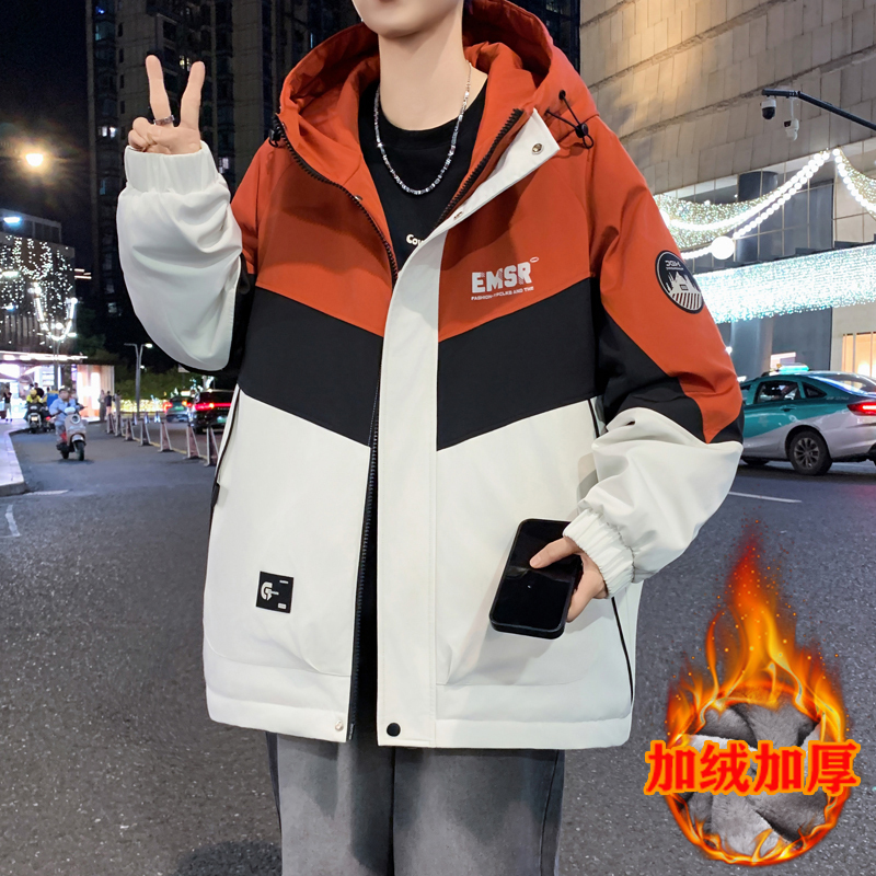 青少年2025冬季加绒加厚夹克男生港风宽松百搭学生拼色冲锋衣外套