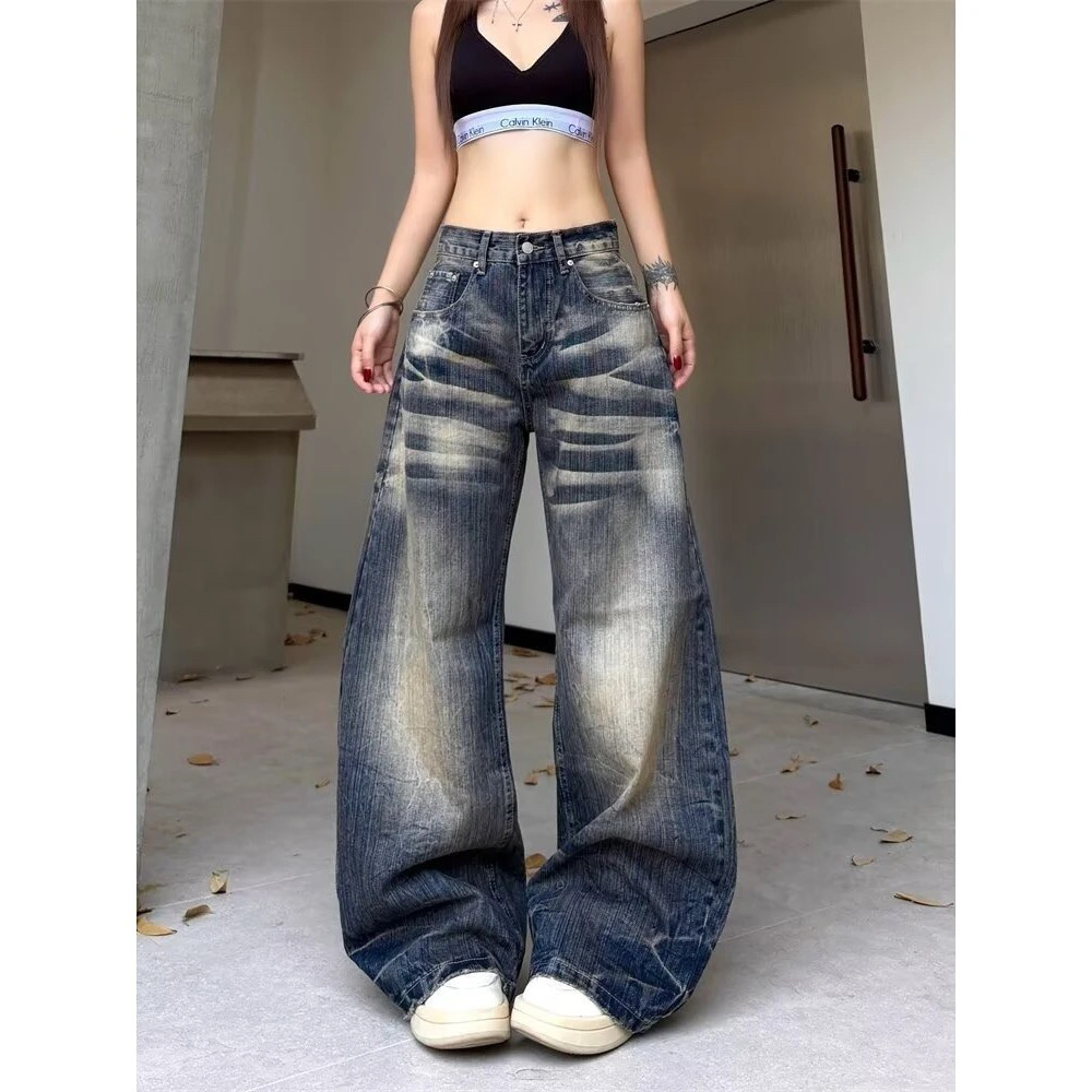 美式复古猫须水洗做旧弯刀牛仔裤男女cleanfit宽松直筒微喇长裤子