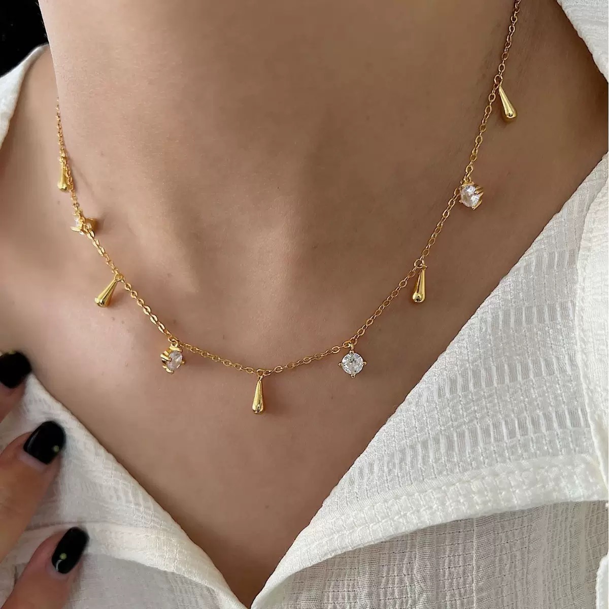 铜合金项链 水滴锁骨项链2024年新款叠戴高级锆石法式精致毛衣链