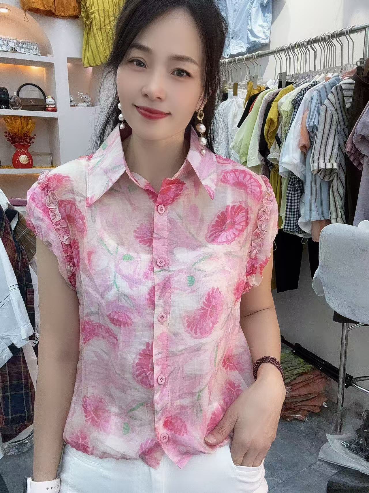 【秀家】夏季商家时尚感小花衫洋气短袖开衫2551