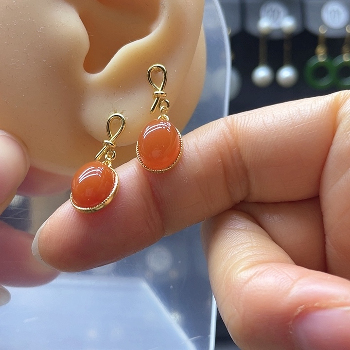 南红玛瑙耳饰银S925镀金镶嵌