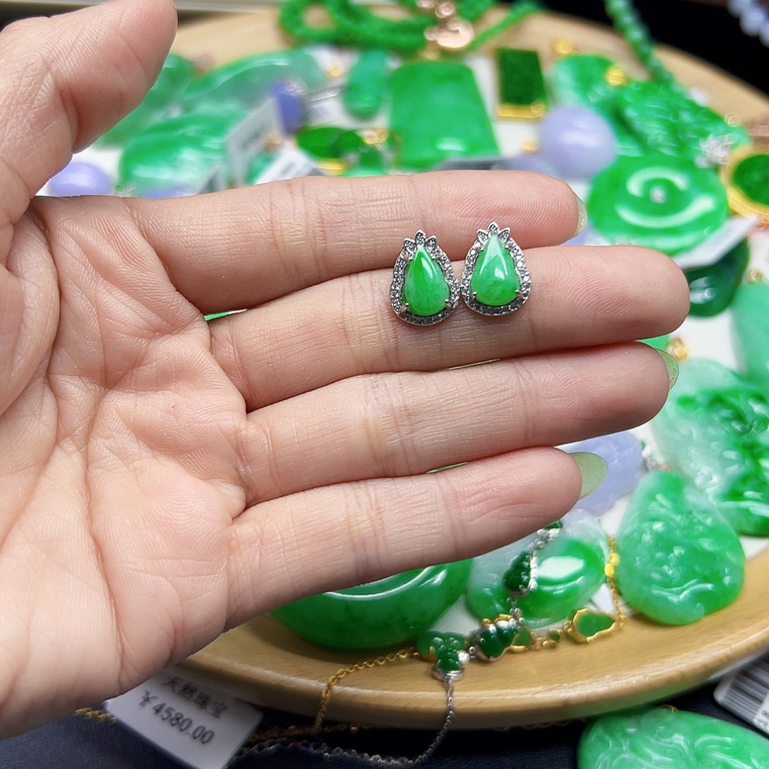 翡翠耳饰银S925镶嵌天然缅料A货一件