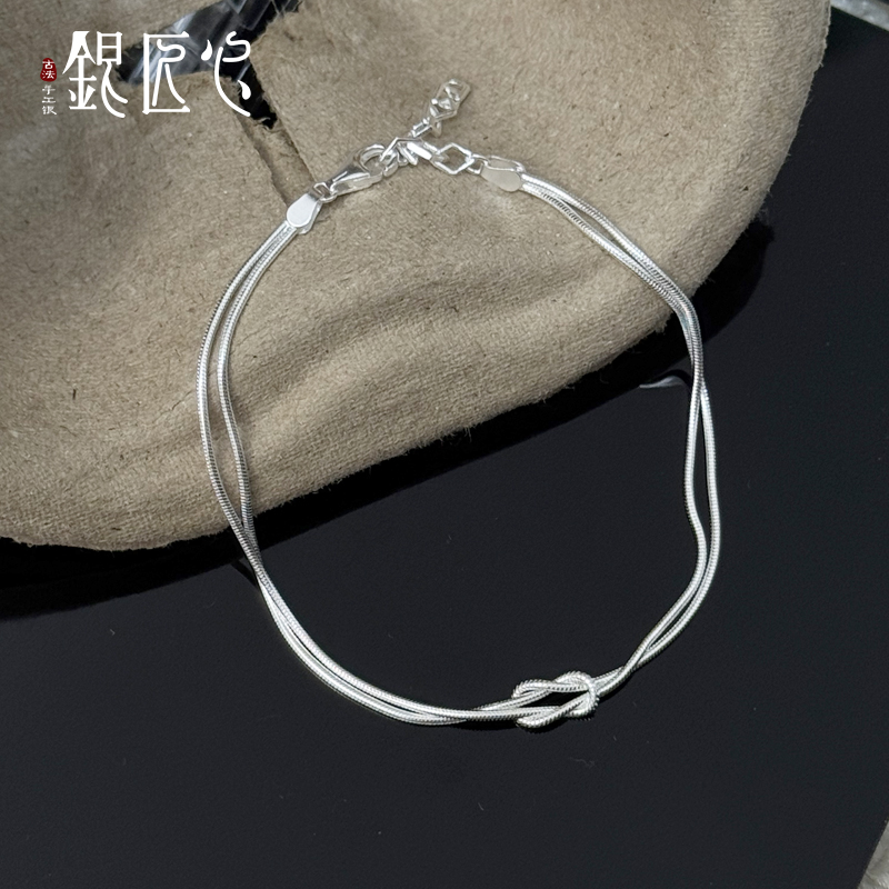 925银手链 【银匠心】纯银韩版双层打结蛇骨手链小众ins风纯银手链