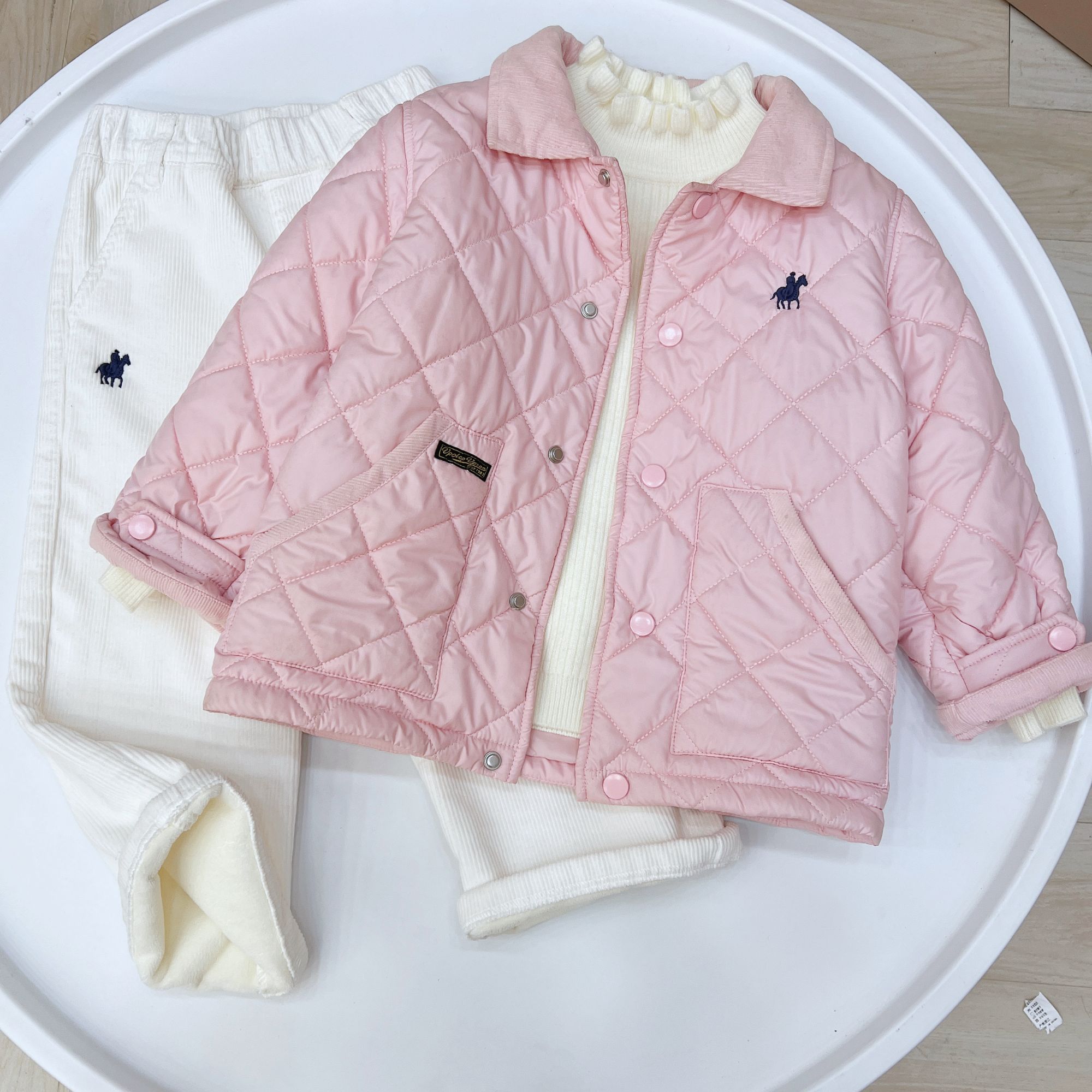 儿童新款秋冬翻领保暖纯色夹棉外套粉色冬款时尚百搭棉服外穿
