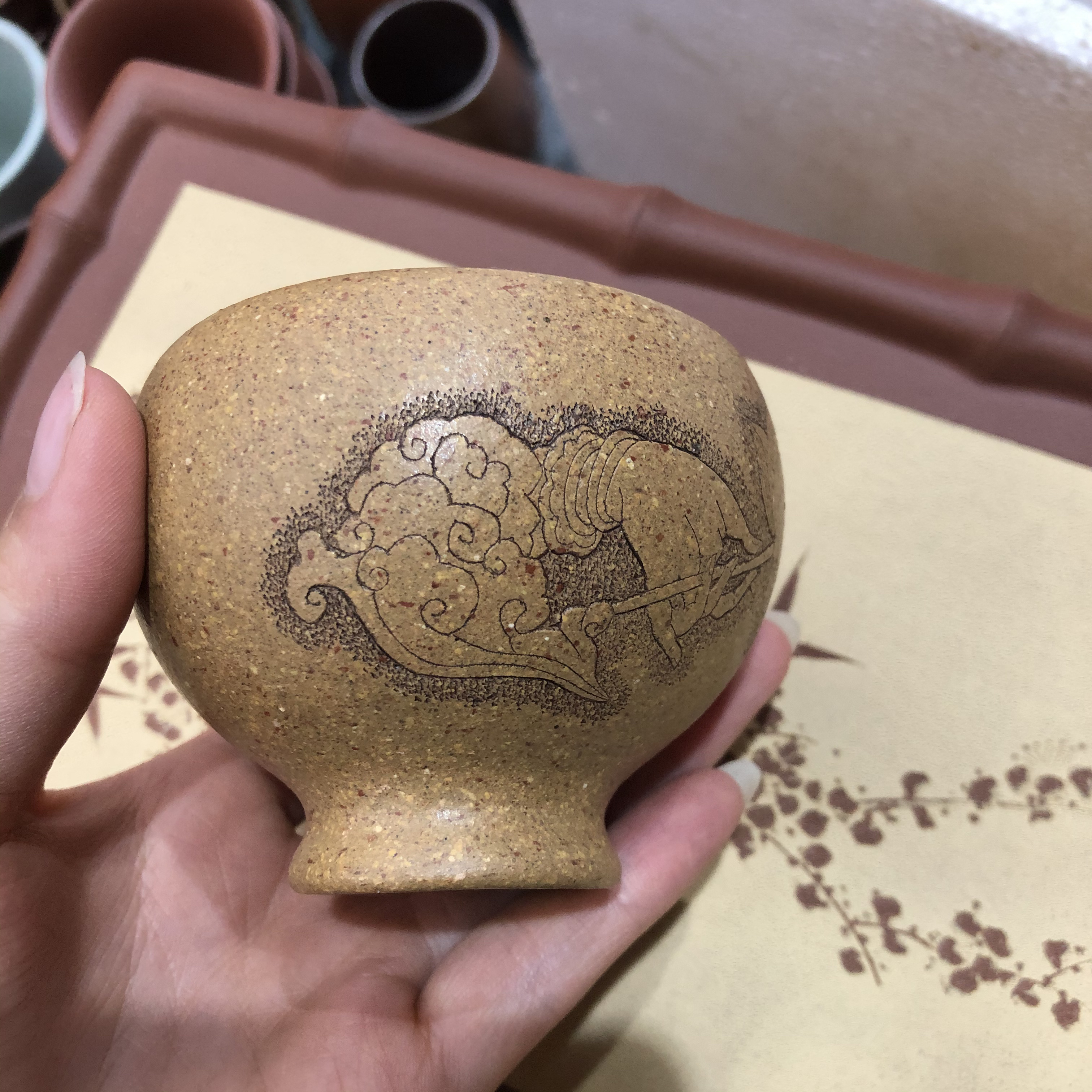 宜兴紫砂大口杯禅心杯手工刻绘容量150cc左右茶杯