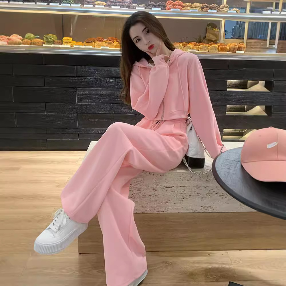 加厚粉色休闲运动套装女秋冬时尚炸街减龄高级感卫衣阔腿裤两件套