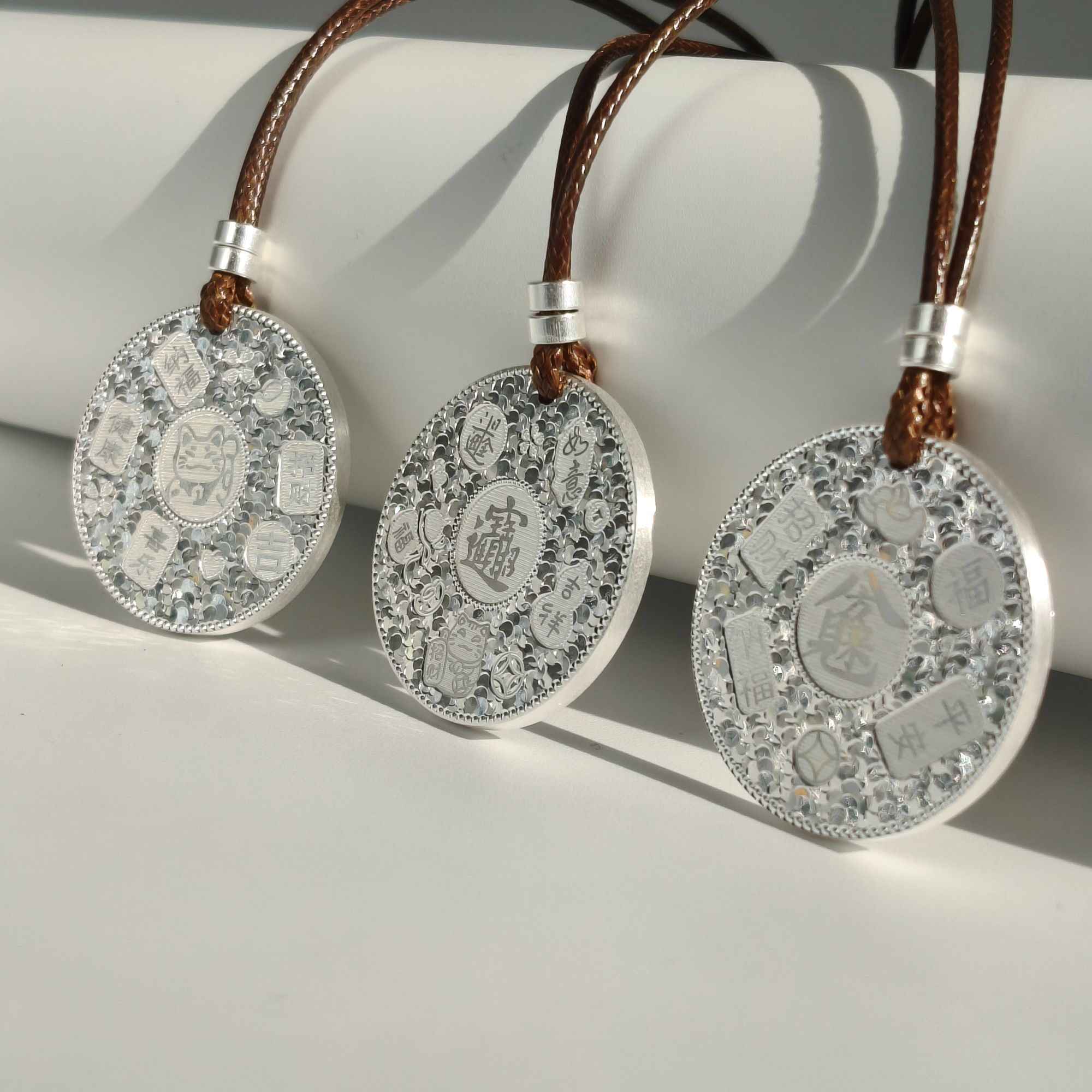 吊坠足银 [猫咪/招财进宝/八方来财]碎碎冰圆牌挂坠银制品时尚 