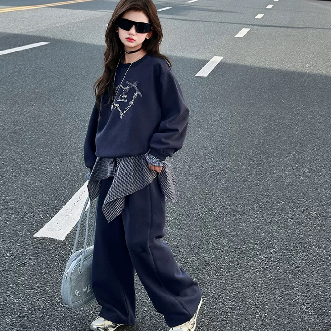 女童套装2025秋季新款3437爱心卫衣+拼格子长裤中大童韩系两件套
