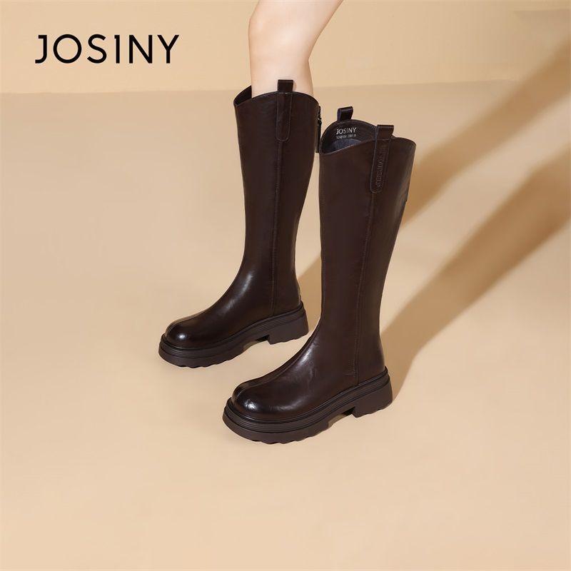 卓诗尼2025新款时装靴长筒女靴加绒粗跟女靴百搭厚底时尚