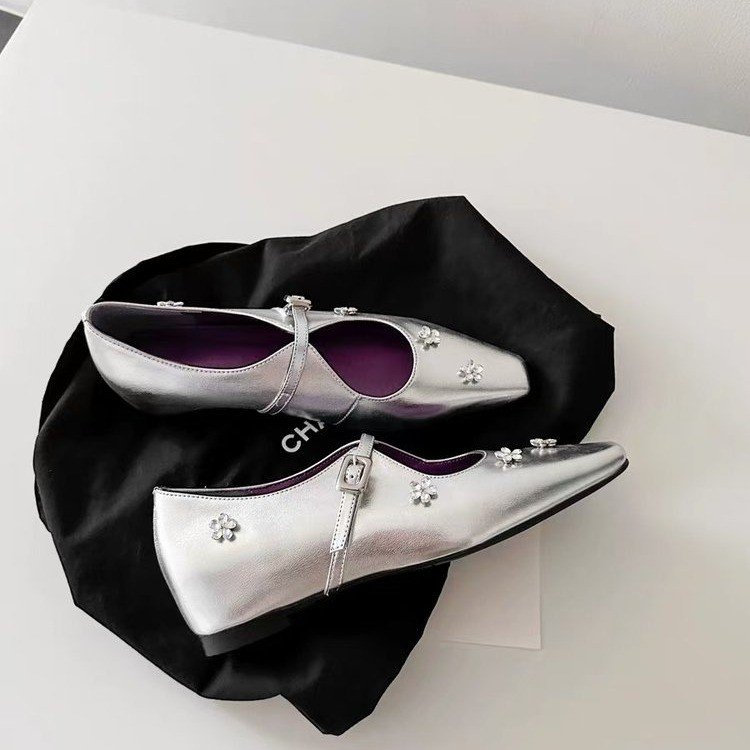 软皮版~法式水钻花朵内增高小方头浅口单鞋女一字带银色玛丽珍鞋