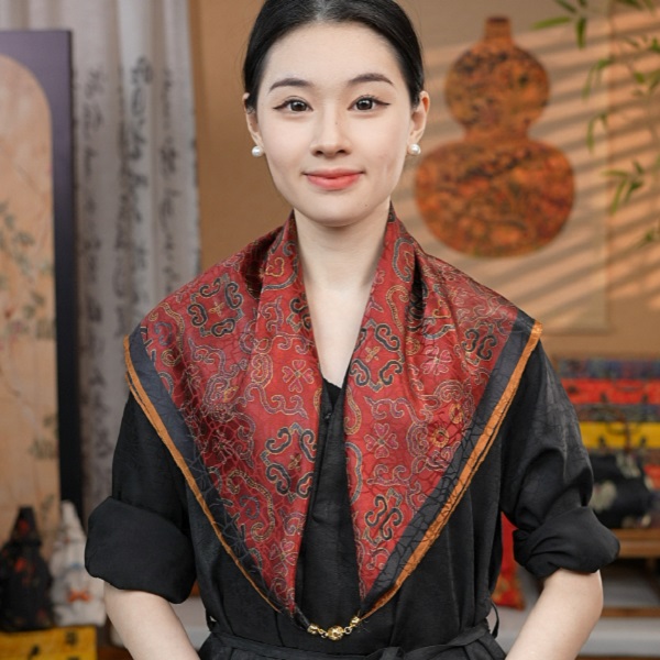 【万寿图 磁吸扣】70cm方巾龟裂纹高级披肩送礼复古国风双面