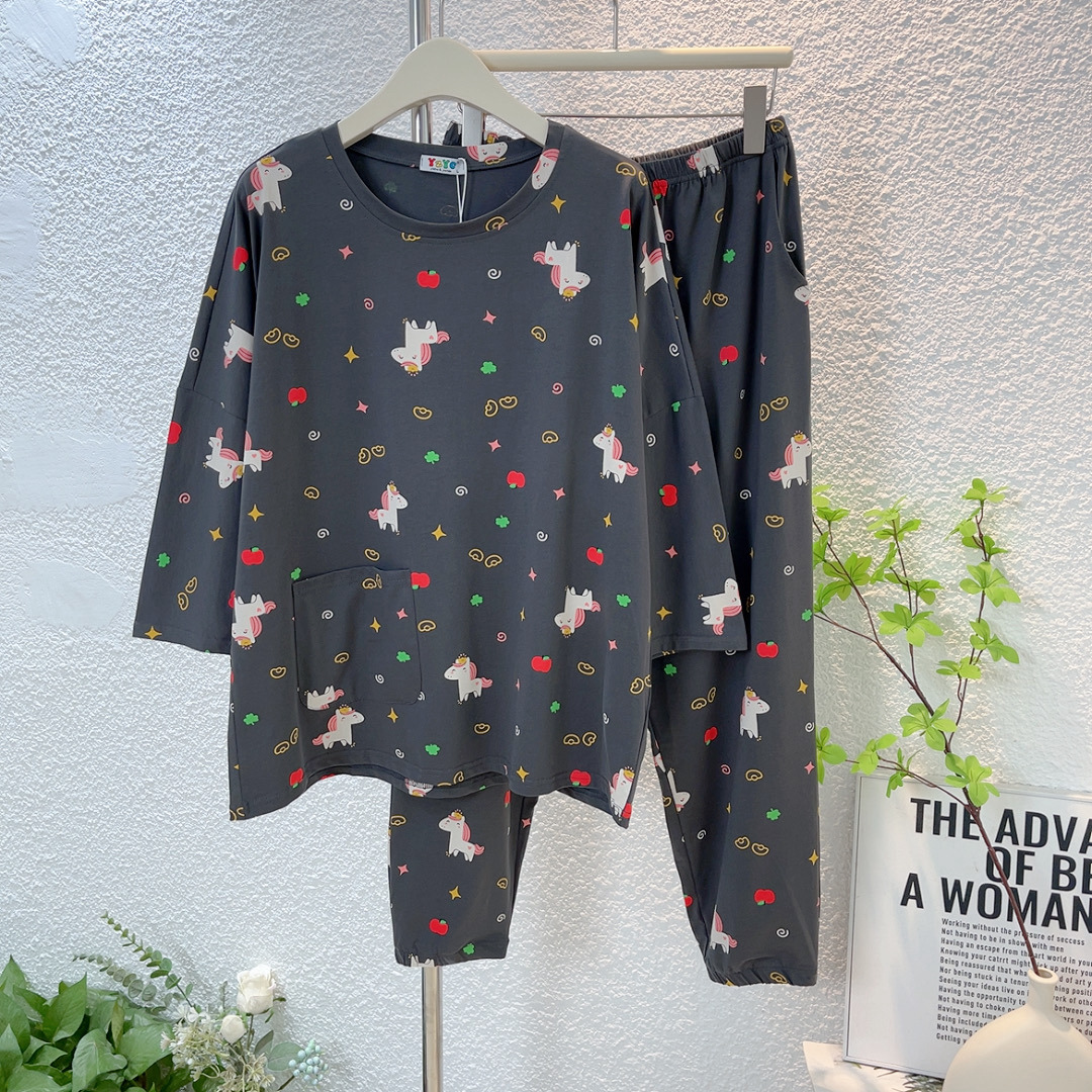 小马7分袖长裤睡衣套装女式春秋季薄款卡通圆领家居服宽松大码棉
