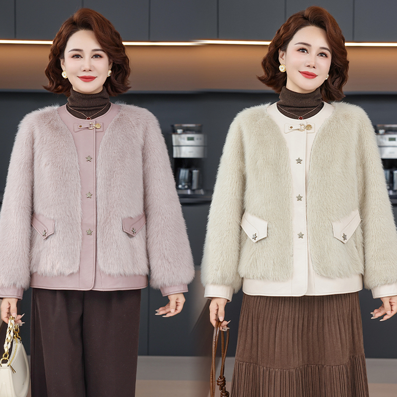 时尚新款妈妈冬装仿貂皮毛一体仿貂绒外套中老年气质女上衣贵气