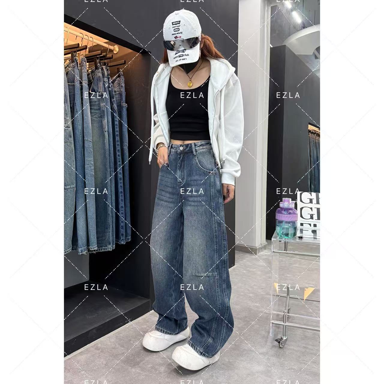 EZ5001-2秋冬加绒新款2025百搭设计显瘦显腿长炸街美式牛仔弯刀裤