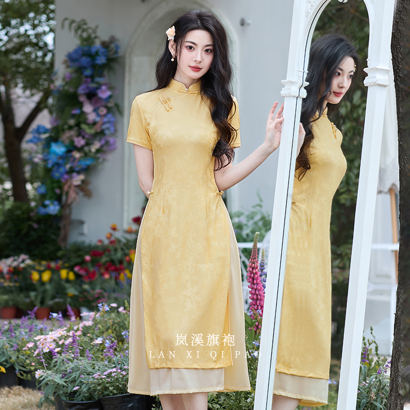 高考送考奥黛旗袍2025新款夏季年轻款气质修身改良黄色遮肚连衣裙