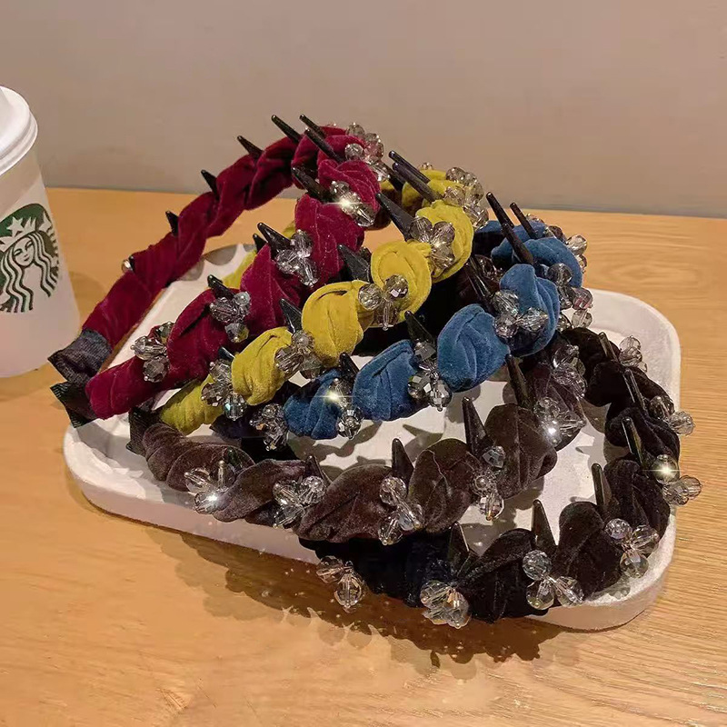 轻奢串珠丝绒带齿发箍女2025新款高颅顶头箍日常外戴时尚发卡头饰