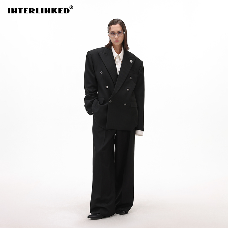 INTERLINKED权利西服2.0高级暗条纹廓形上衣宽松阔腿垂感西装套装