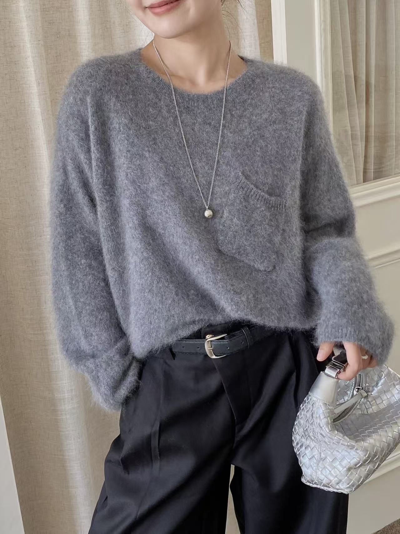 【大表姐】羊绒拉绒口袋圆领上衣 5209
