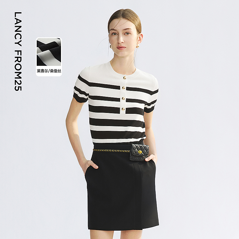 R005【赵老板】朗姿修身黑白撞色条纹薄针织短袖通勤气质钉珠上衣