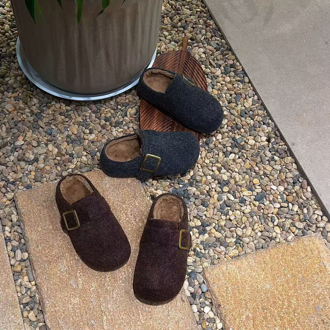 复古毛呢加绒勃肯鞋女冬韩百搭懒人包头拖鞋201(加绒包头拖)