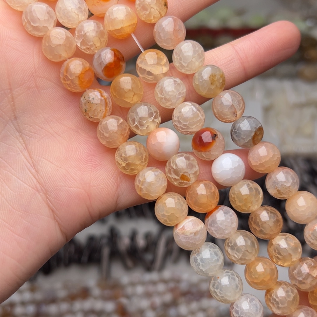 玛瑙/玉髓合金珠宝半成品N398。10mm天然龙鳞纹玛瑙圆珠一条