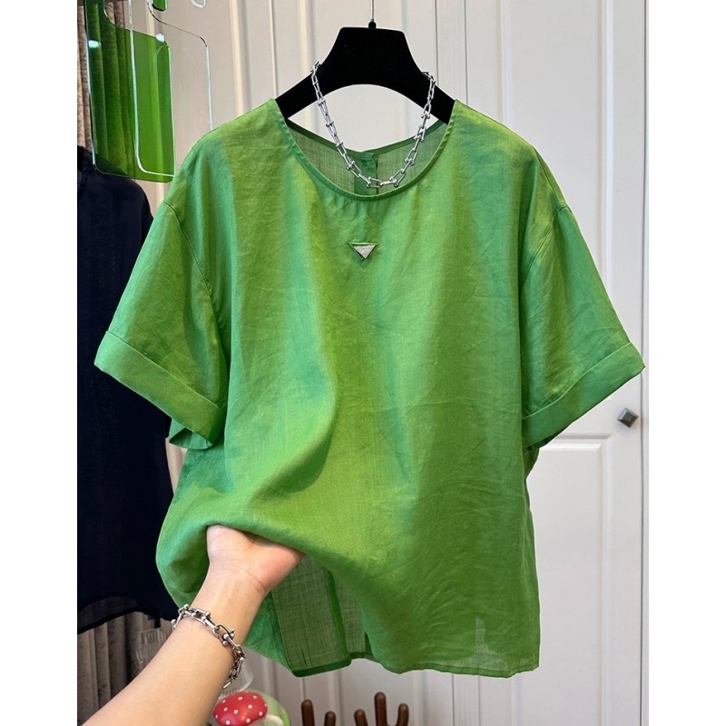 P0289老钱风苎麻短袖T恤女上衣减龄宽松纯色时尚百搭小衫夏季