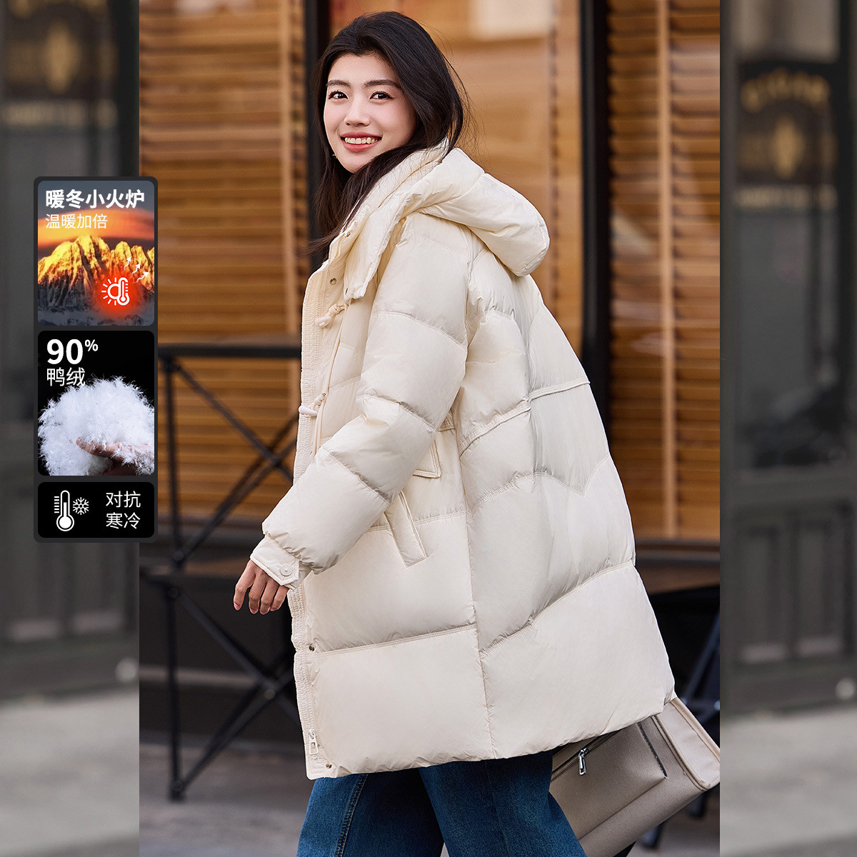 白鹿语冬款时尚连帽无弹保暖鸭绒立领牛角扣加厚羽绒服女FBX10265