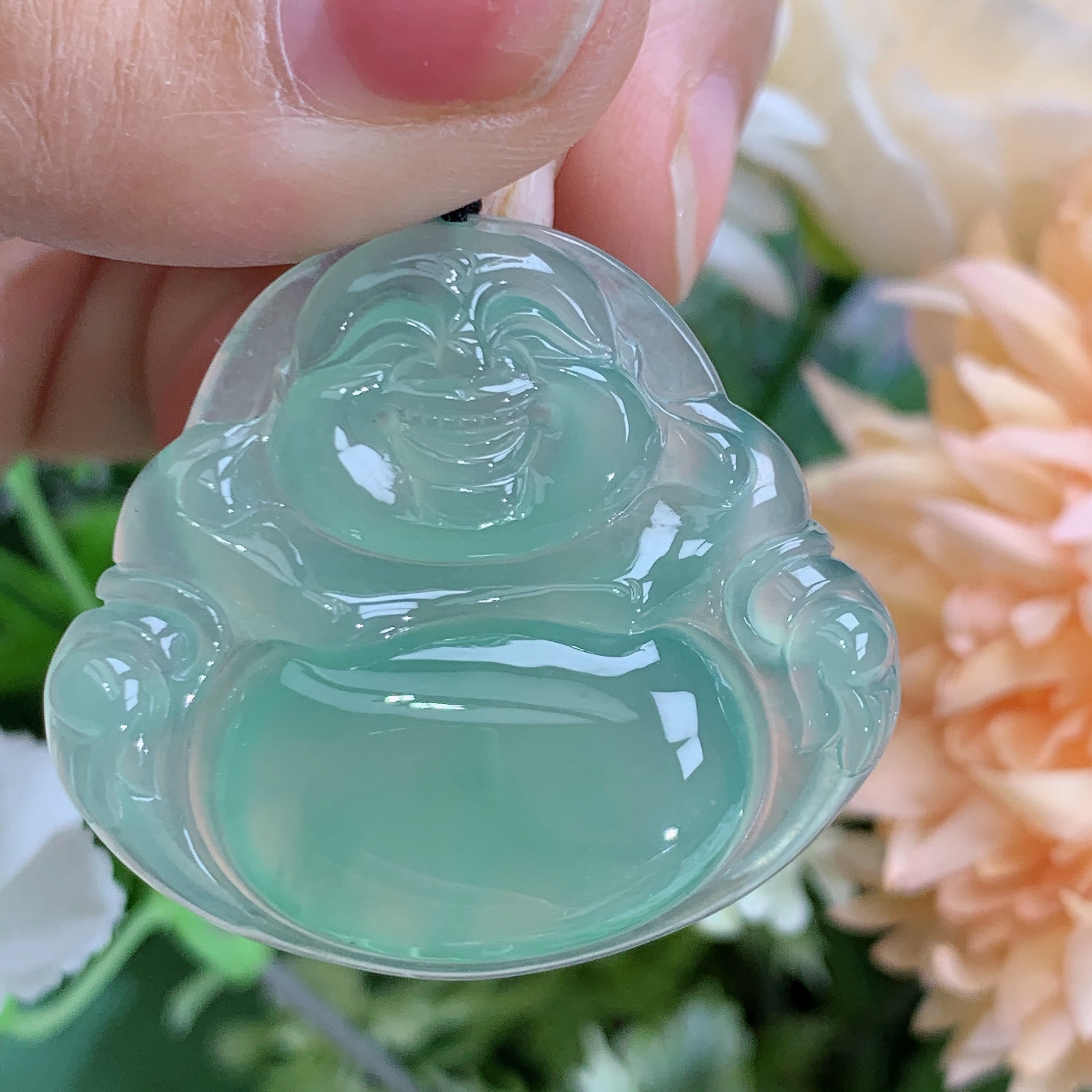 缅甸天然翡翠A货冰种起胶晴绿佛公吊坠雅尺32.3×36×5.9mm