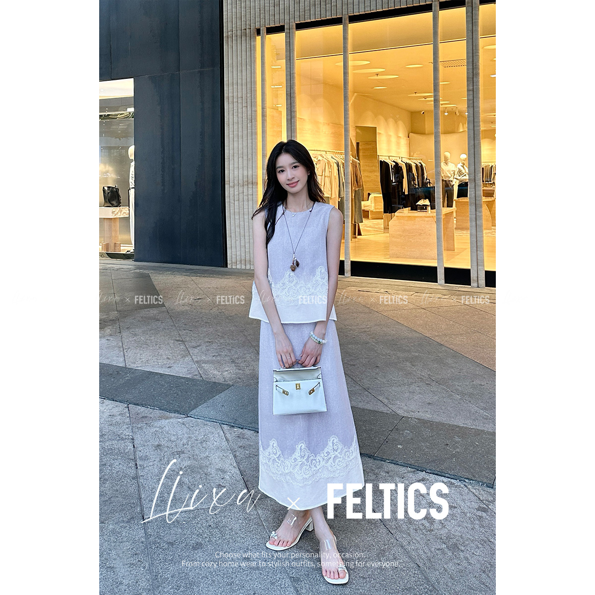 FELTICS&LIIXU夏季韩系拼接蕾丝上衣高腰半身裙两件套FL52TZ581