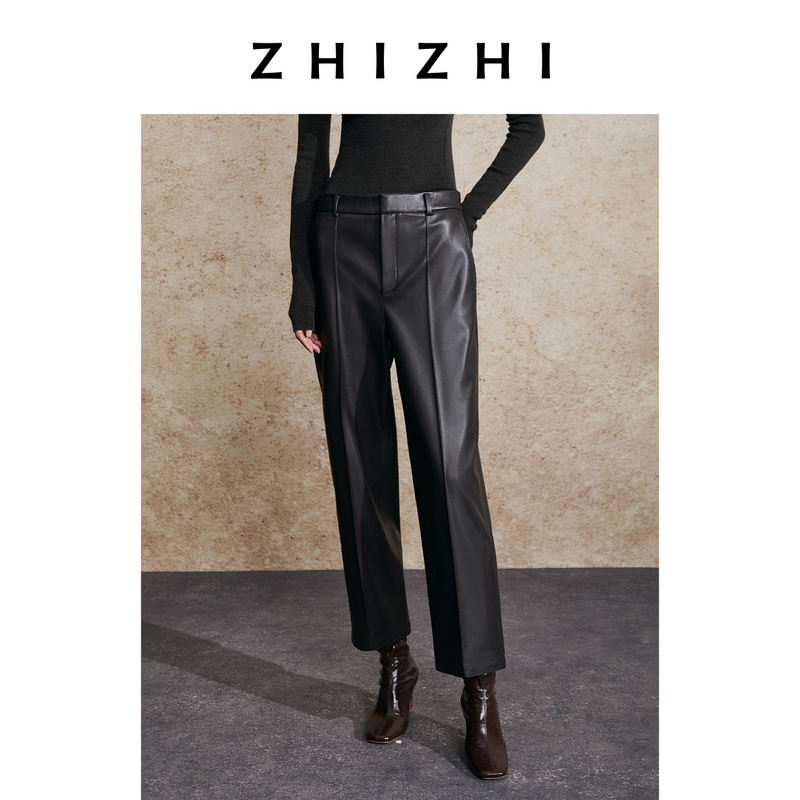 【温躲躲专享】致知 赤枣子 PU直筒裤九分裤修饰腿型ZZ2EAWK1027