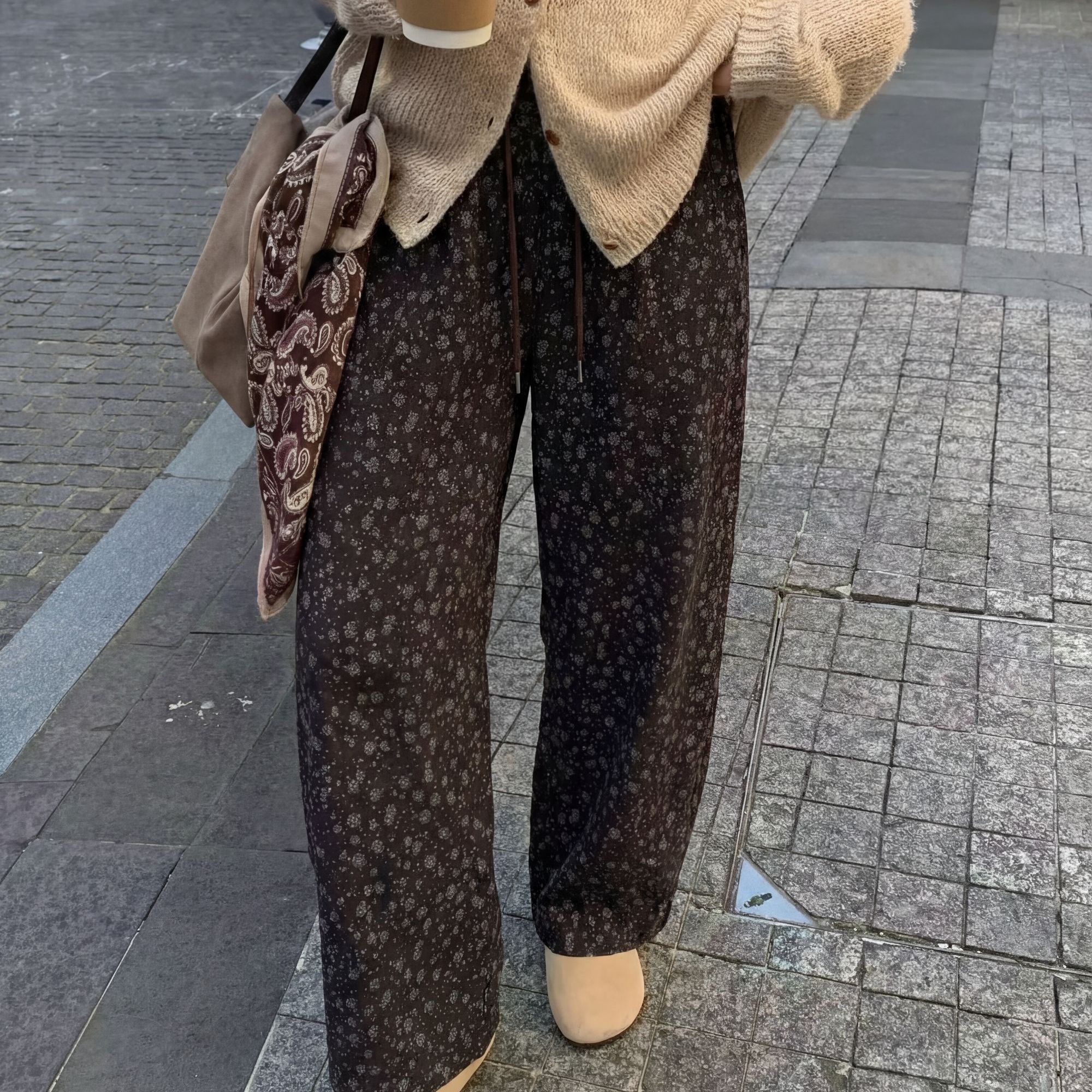 CocoHerben秋冬高腰阔腿裤微弹厚款印花百搭时尚满印休闲裤HBA273