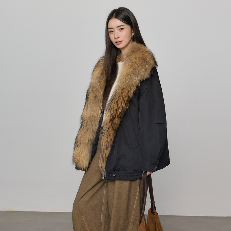 暖芯大鹅 2025貉子毛领皮草外套女中长款90白鹅绒羽绒派克服25175