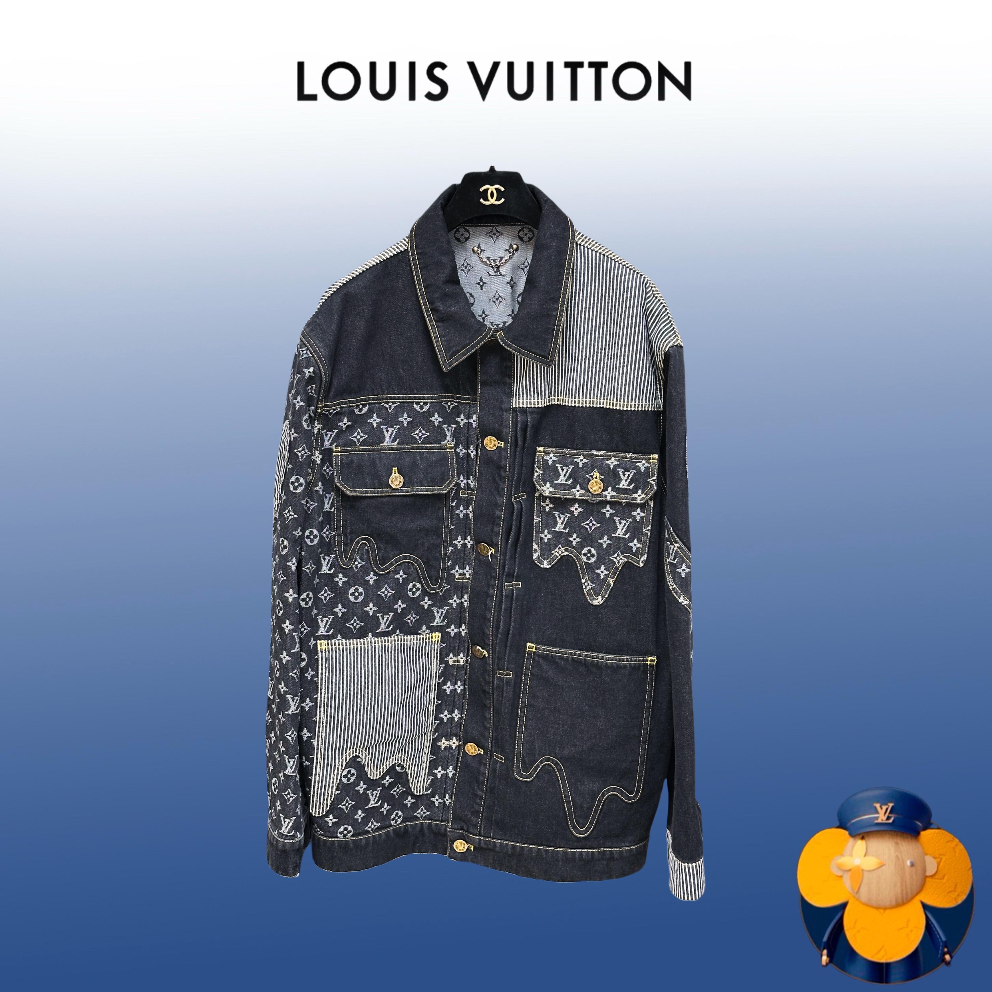 99新 LouisVuitton/路易威登 54码黑色老花拼白色竖条纹长袖牛仔